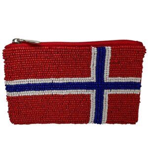 Norwegian Flag Beaded Wallet Coin Change Purse Zipper Pouch Red